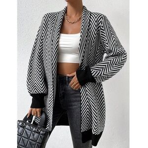 Knit Chevron Open Cardigan Bishop Sleeves Hip Length Black & White